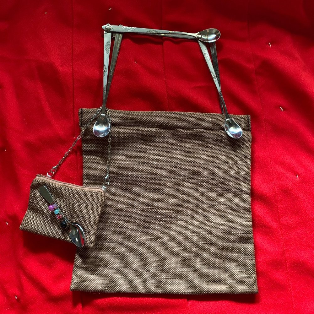 UNIQUE Burlap Jute Bag w/ Spoon Handles & Chng Prs